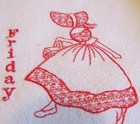 Embroidered Day of the Week Tea Dish Towels Pinafore Bonnet Girl 7 pcs. — photo 7