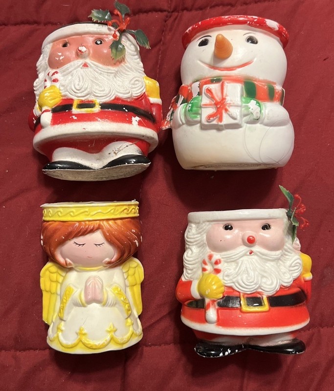 Set Of 4 Vintage Christmas Votive Holders Plastic Santa’s, Snowman, Angel 1973