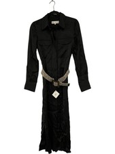 Zara Womens Shirt midi Dress XS Black Satin Effect Belt Collared 8685/611 NWT