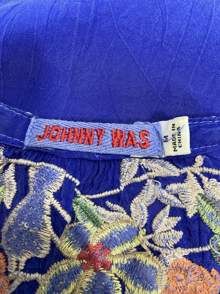 JOHNNY WAS blue silk embroidered top SIZE MEDIUM boho loose blouse tunic - Image 2 of 4