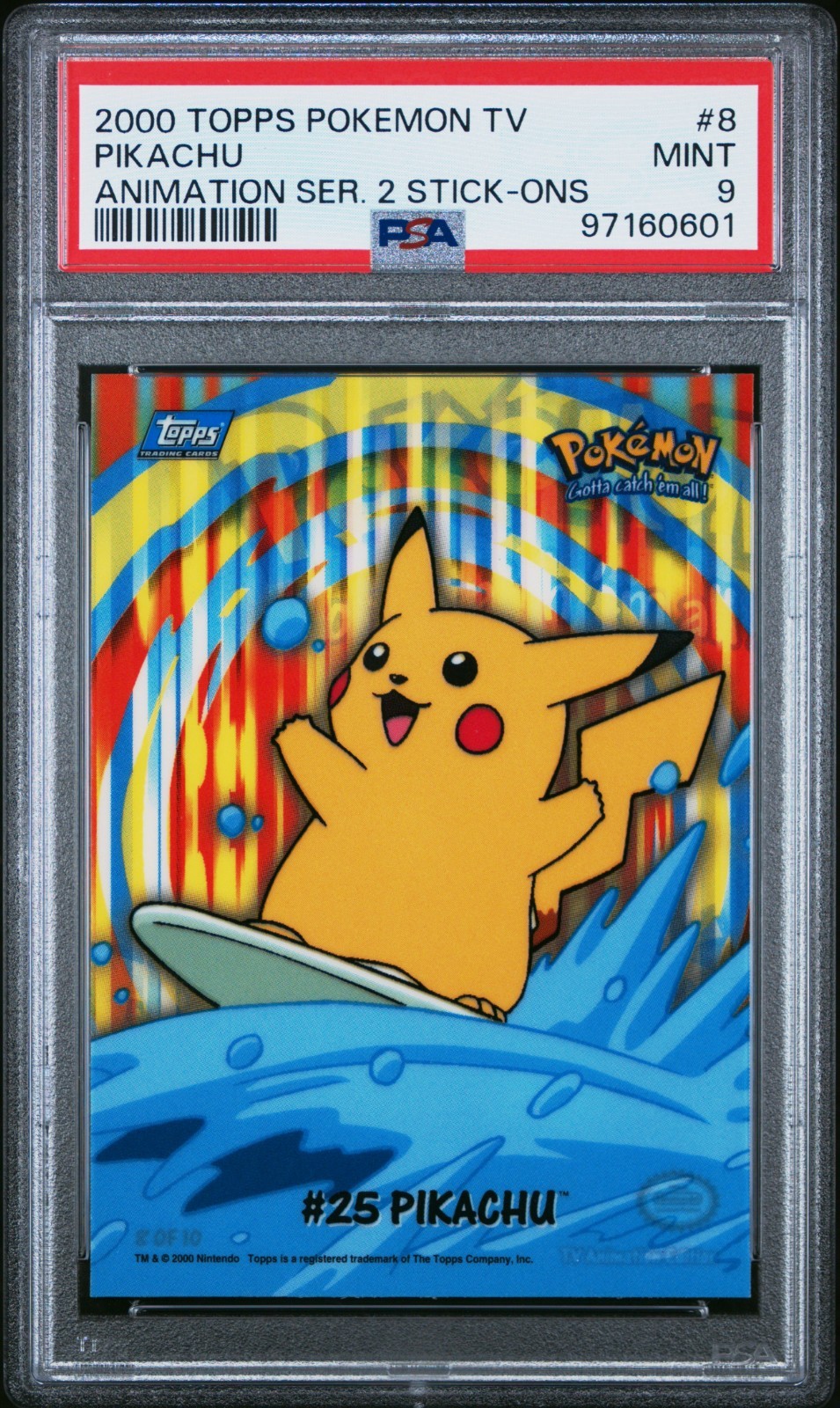 2000 Topps Pokémon TV Pikachu #8 Stick‑Ons Animation Series 2 PSA 9 Mint