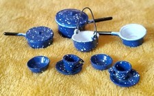 10 Piece Blue Speckled Enamel Dollhouse Kitchen Set Pots Cups Bowls Vintage