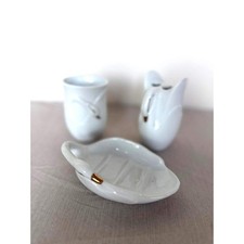 Vintage White Porcelain Swan Vanity Set - Soap Dish, Toothbrush Holder, Cup