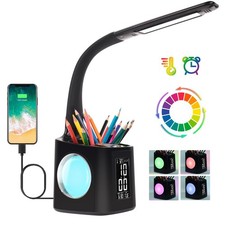 LED Desk Lamp Clock Color Nightlight Pen Holder USB Charger Study Lamp
