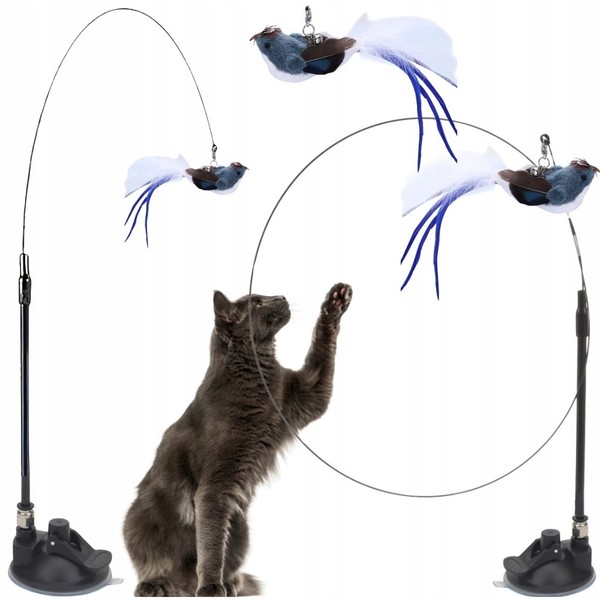 Interaktive Katzenangel Mit Vogel + Saugnapf Spielangel GlöCkchen Feder 95 Cm-image