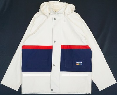 Rukka White & Navy Blue PVC Rain Coat Jacket Men's Size S Oversized