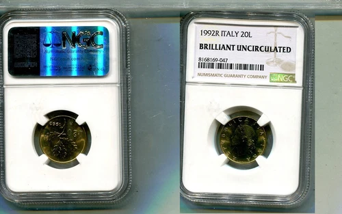 1992 ITALY 20 LIRE COIN NGC BRLLIANT UNCIRCULATED 9298S