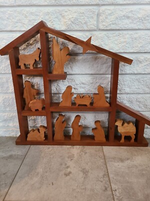 NATIVITY SCENE Christmas WOODEN ART WOOD  CARVED FIGURINES 13PIECE SET