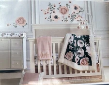 4 Piece Crib Bedding Set Flowers Pink Blush Charcoal Flowers - Fiori Levtex Home