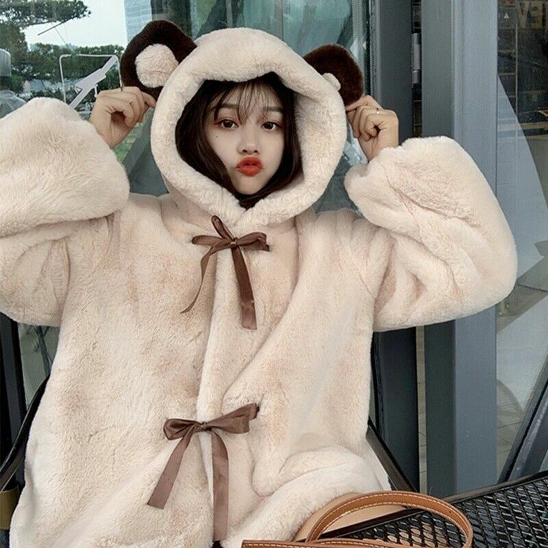 Women Faux Fur Jackets Coat Hooded Fluffy Plush Bear Ear Warm Cute