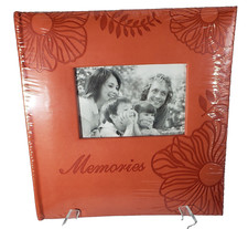 Memories Photo Album 9 x 9 Faux Leather Floral Flower Sealed Slip In Orange