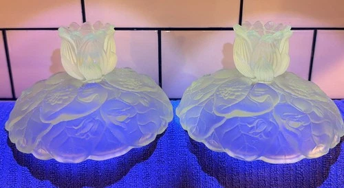 Pair Fenton Water Lily Candlestick Holders Satin Frosted Glass Glows 365 Light