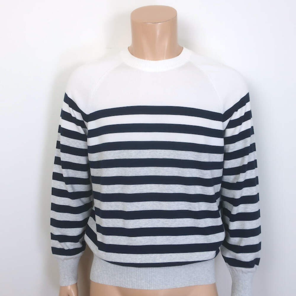 Brunello Cucinelli Breton Stripe Sweater White/Gray/Navy Cotton Size Large