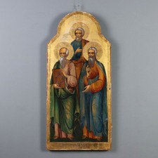 Grande Icona Russa Antica con Tre Santi Tempera su Tavola Russia XVIII Secolo