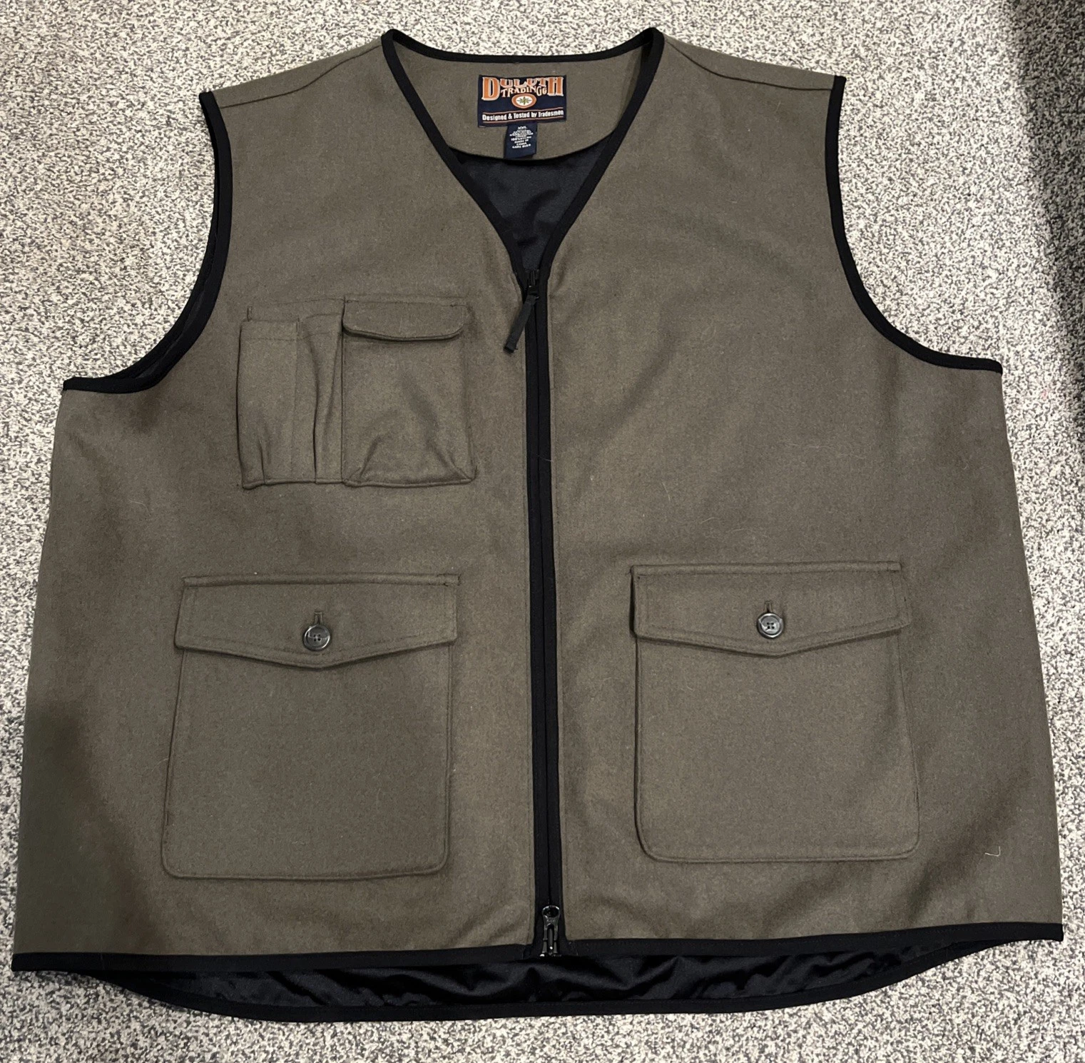 Duluth Trading Wool Utility Vest XXL 2XL Tan Dual Zip Cargo Fishing Multi-Pocket
