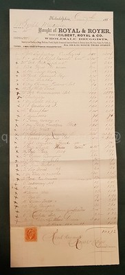 1865 antique ROYAL & ROYER DRUGGIST philadelphia pa REVENUE STAMP RECEIPT