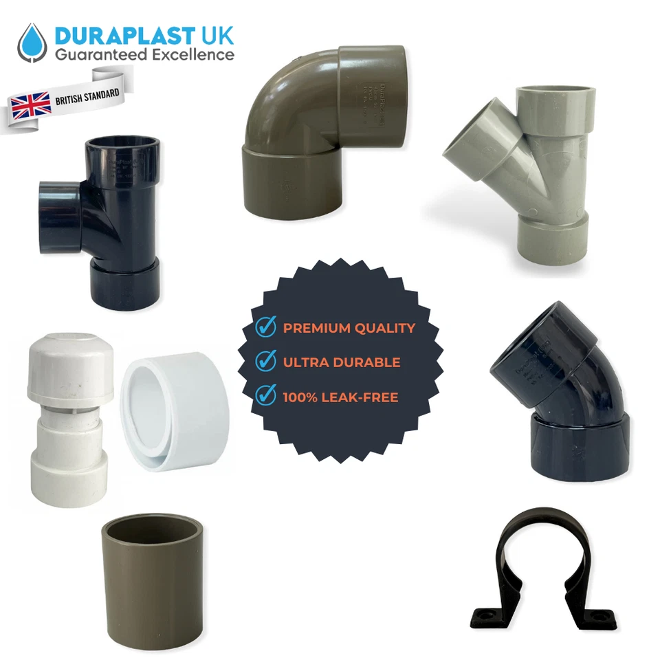 BATHROOMSANDTAPS Duraplast Solvent Weld Waste Pipe Fittings 40mm – Black, Grey, White PVC