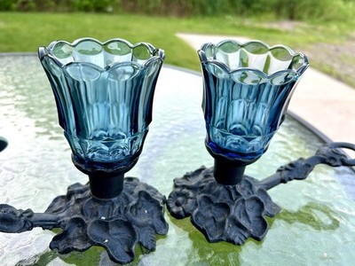 Black Cast Iron Rustic Primitive Dusty Blue Glass Chamberstick Candle Holders
