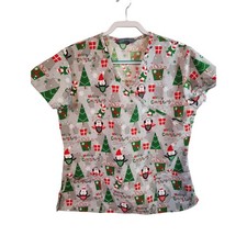 SERENE UNIFORMS Gray Christmas Owls and Snowflakes Scrubs Top SZ LARGE