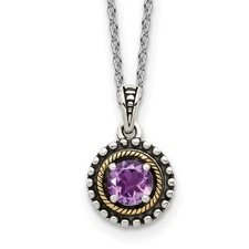 Sterling Silver with 14K Accent 18 Inch Antiqued Round Amethyst Necklace