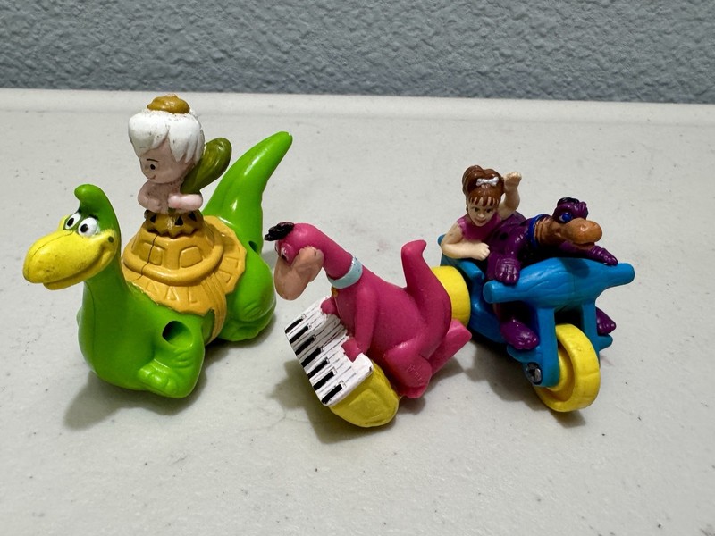 Vintage Flintstones Toy Lot 3pc Dino Pebbles Bamm-Bamm Vehicle Figures 90s
