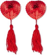 Reusable Sequin Heart Nipple Covers Silicone Pasties Bra with Tassel Pads-Red