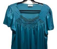 Vintage VANITY FAIR Large Teal Nylon NIGHT GOWN w/ Short Sleeves USA