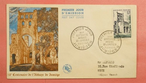 DR WHO 1954 FRANCE #725 JUMIEGES ABBEY RUINS FDC CACHET COVER 73691