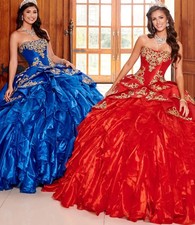 Ball Gown Quinceanera Dresses Strapless Appliqued Prom Gowns Sweep Train Tiered