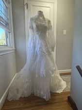 Vtg 70s Wedding Dress Lace Tiered Ruffle Boho Empire Waist Bishop Sleeve Train 8