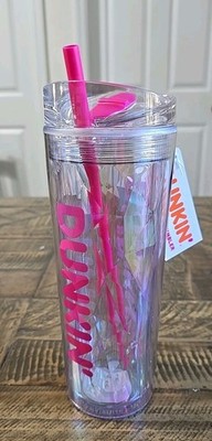 NEW 2025 Dunkin 24oz Insulated Tumbler Acrylic PINK with Straw Brush Cleaner .