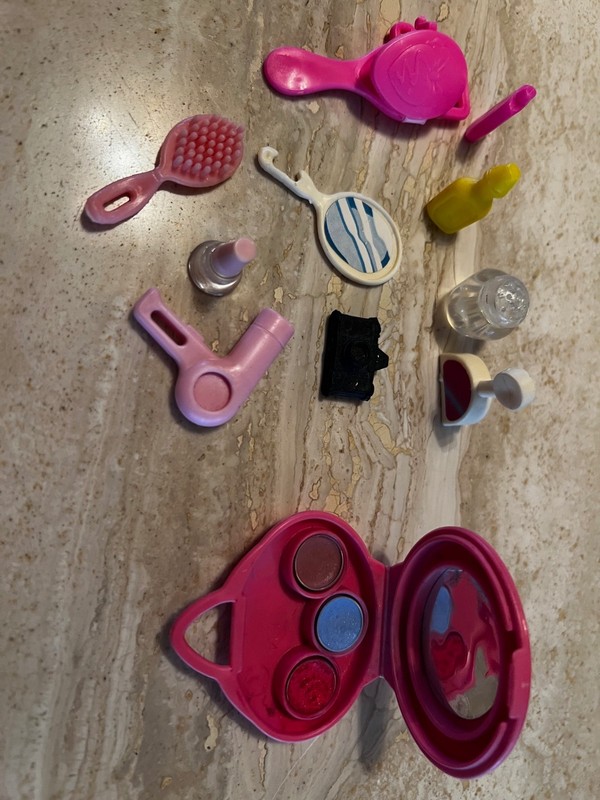 Barbie Doll Beauty Accessories Lot blow dryer,  makeup, brush mirrors, bottles
