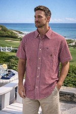 Tommy Hilfiger Red Gingham Shirt L Short Sleeve Button Up Classic Preppy Ivy