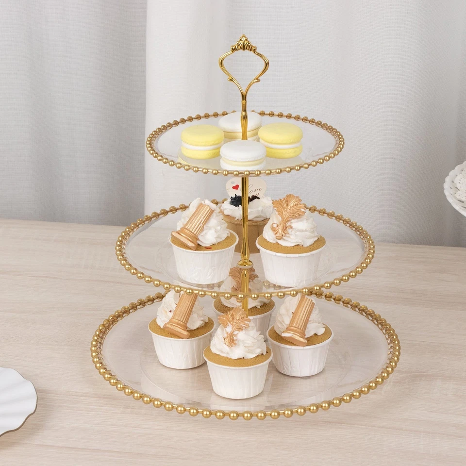 Clear Gold 3-Tier 14" Round Plastic Cupcake Tower Stand Beaded Rim Party Events - Image 4 of 4