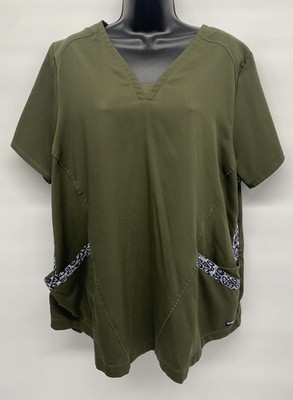 Grey s Anatomy Olive Cheetah Print V-Neck Scrub Top Pockets Women s Size 2XL
