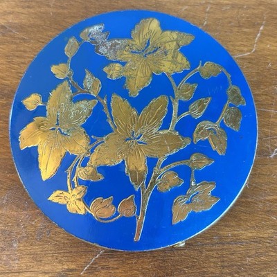 Vtg REX FIFTH AVENUE Cobalt Blue Powder Compact Deco Embossed Flowers Puff As Is