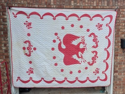 Vintage Patriotic Eagle & Stars Red/White Quilted Cotton Quilt Queen 6 x 8 feet