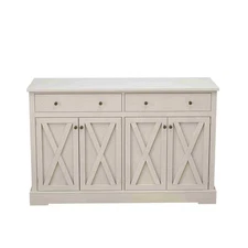 The sideboard has two drawers and four doors, and is in a retro white color