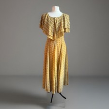 VINTAGE Y2K Dotted Mustard Fit and Flare Midi SKATER Dress VISCOSE + capelet S