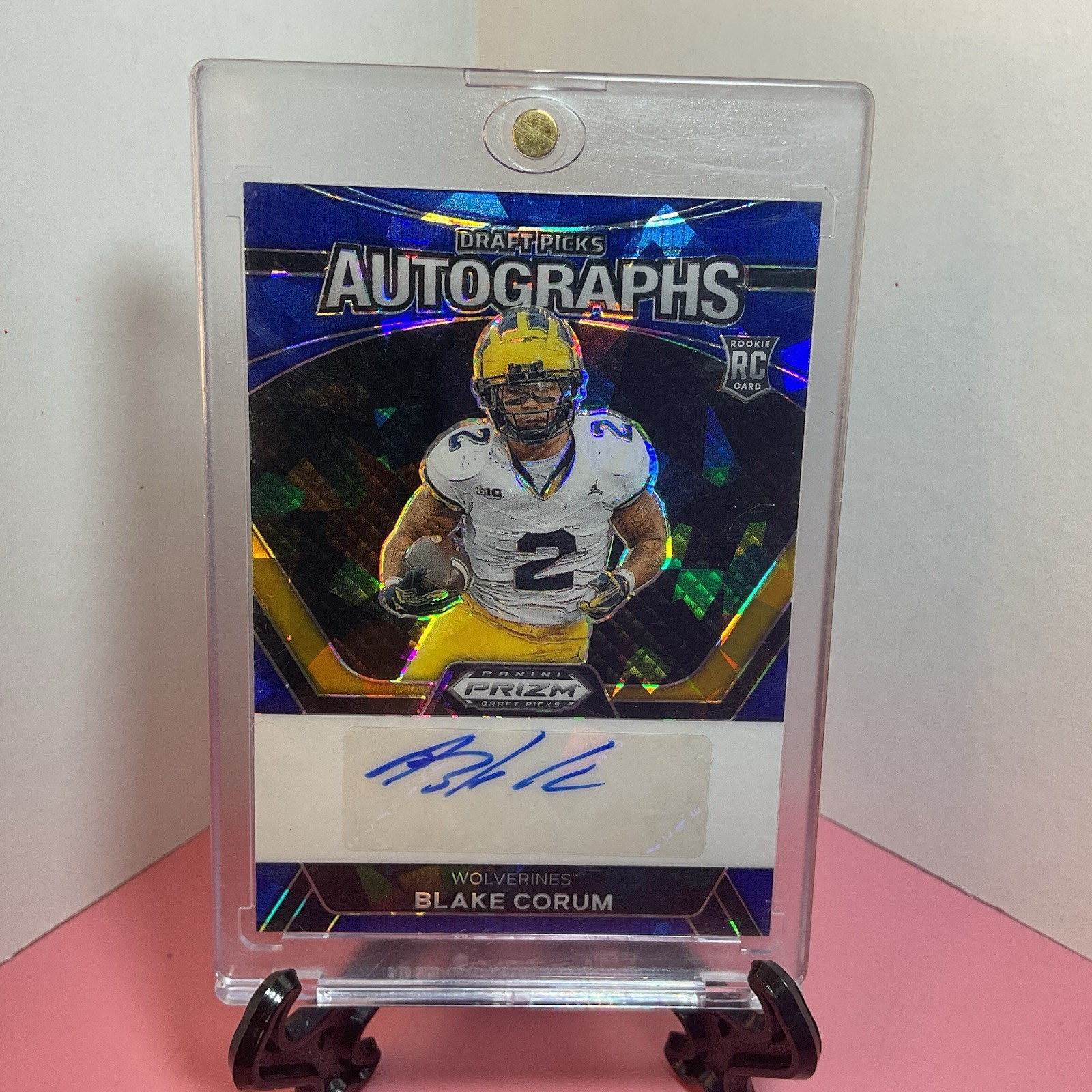 Blake Corum 2024 Panini Prizm Draft Picks Auto Card #DPA-BCM Blue Ice 45/75