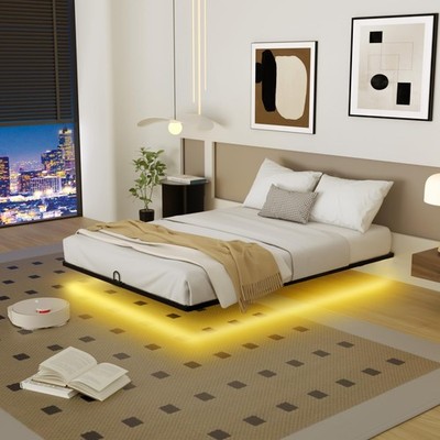 Full Size Floating Bed Frame with Smart LED Lights - Full Bed Frame Modern Me...