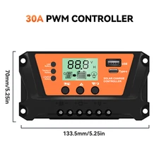 30 Solar Panel Battery Charge Controller USB Type-C 12V/24V Auto Regulator  LCD 