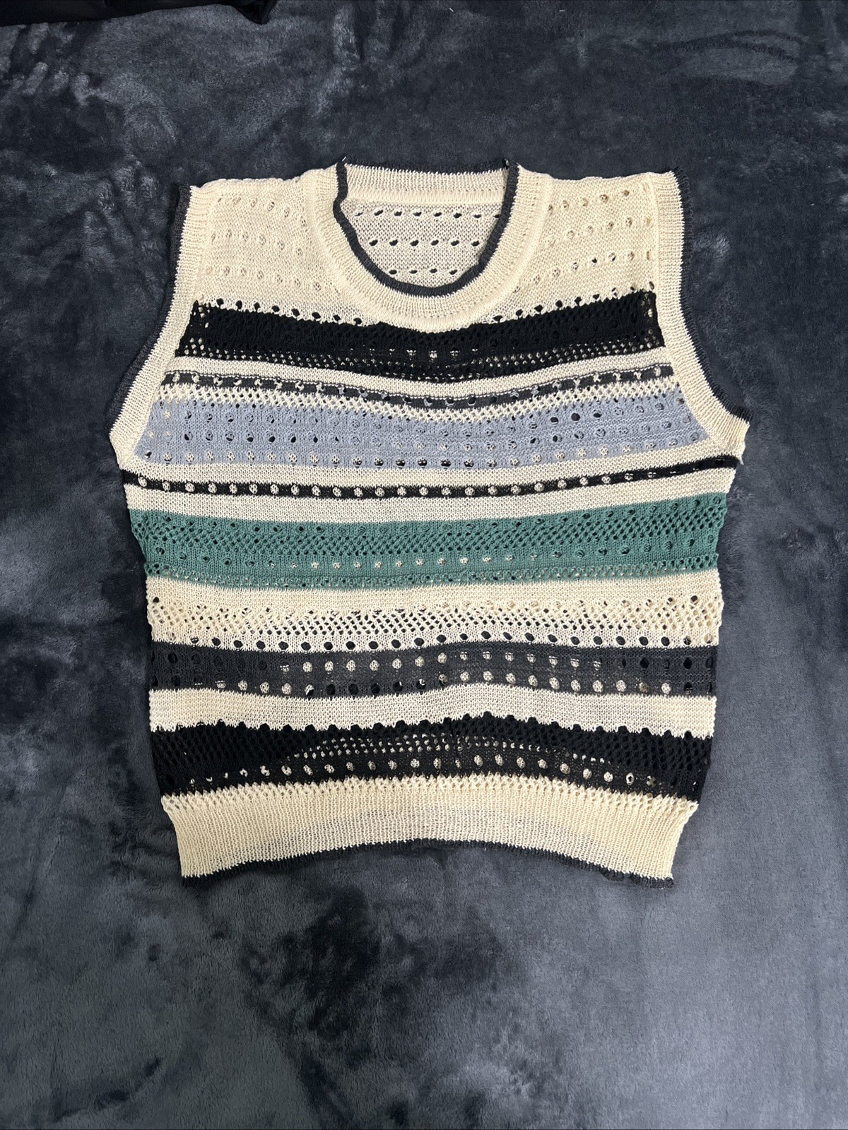 Cider Green Wavy Striped Crochet Knit Scalloped Cropped Sweater Tank Top Boho