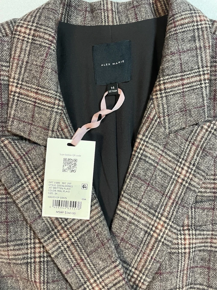 Conjunto de traje falda blazer a cuadros Alex Marie para mujer talla 14 mezcla de lana nuevo con etiquetas precio de venta sugerido por el fabricante $228 Foto 4 de 4