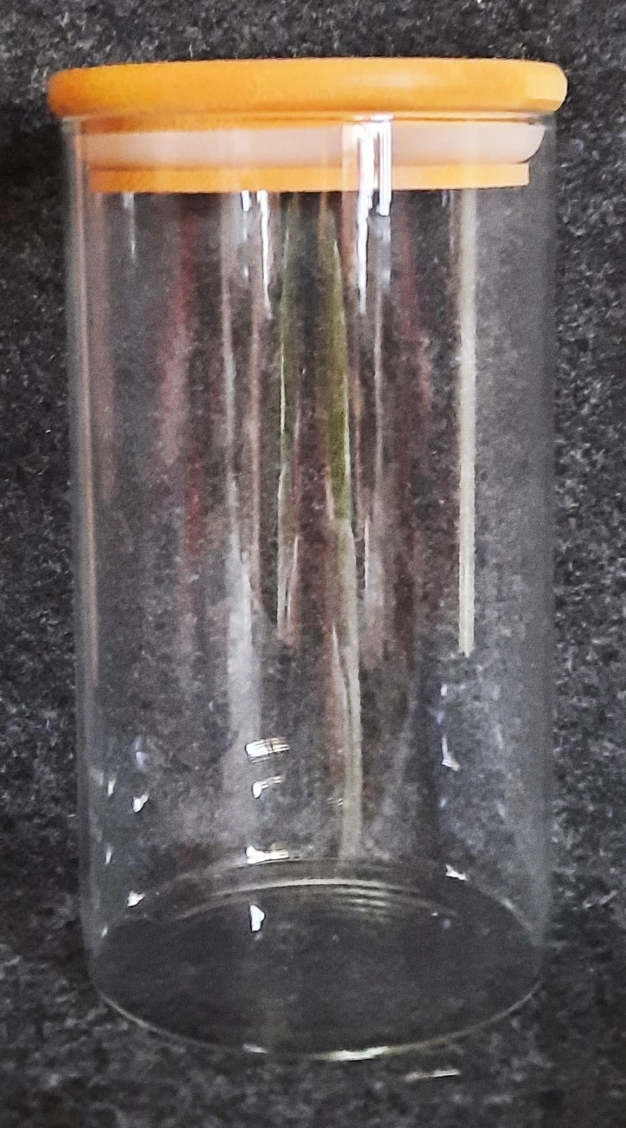 Set Of 6 Clear Glass Canisters With Sealing Wood Lids. Approx 6" Tall