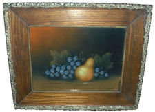 Antique Fruit Still Life Art Painting Pear & Grapes In Gilt Wood Frame Signed