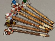 Set 6 Antique Wooden Lace Bobbins Glass Spangles Sewing Needle Work Textile Tool