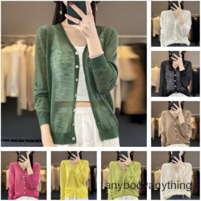 Knitted Sweater Coat for Women Cardigan Tops Thin Jumper V Neck Faux Silk Jacket
