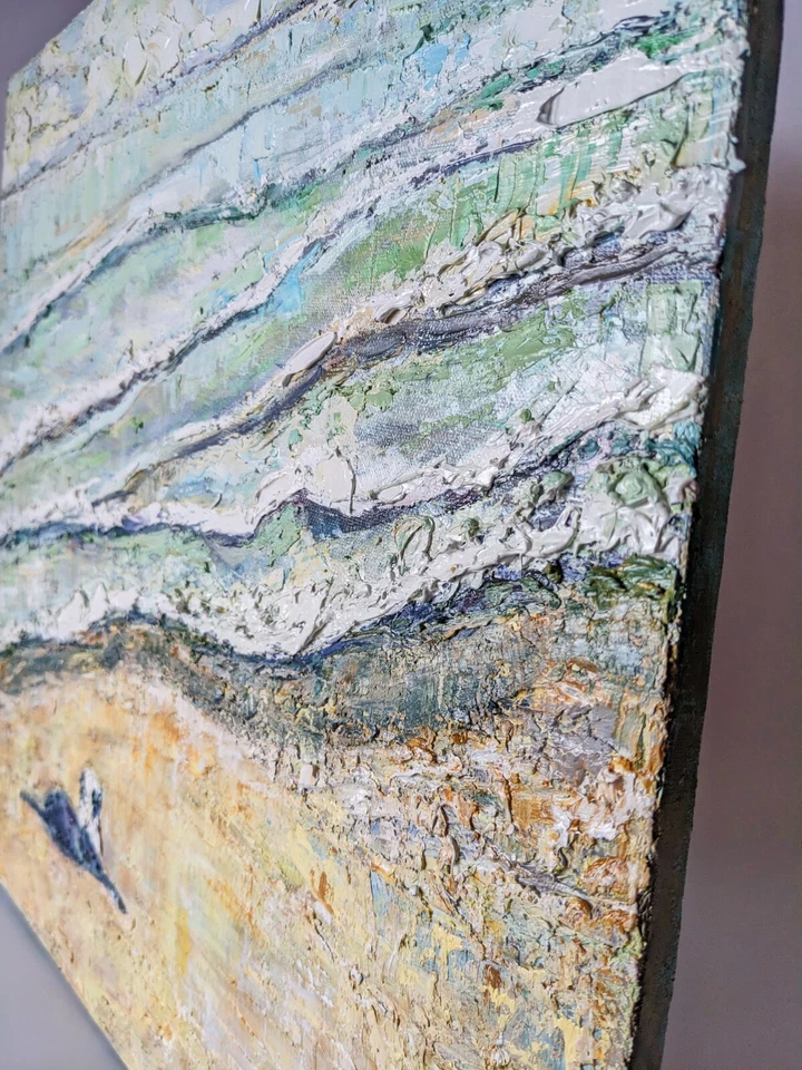 Оригинальная картина маслом собака пляж морской пейзаж искусство текстурированный холст прибрежный декор - Изображение 4 из 4