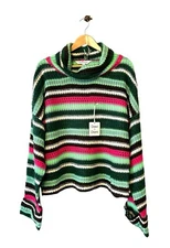 Davi & Dani Green Multi Color Cowl Neck Drop Shoulder Roll Cuff Sweater LARGE